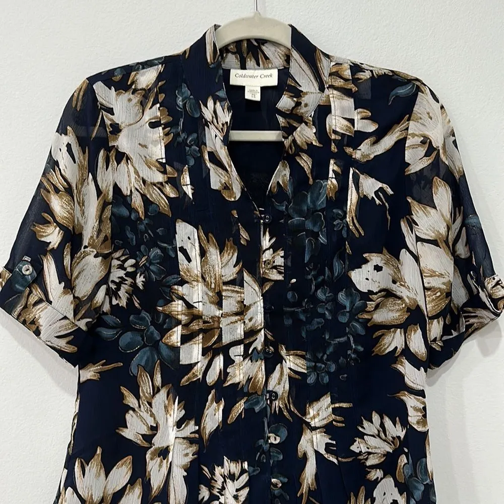 Pleated Blouse Floral Print Short Sleeve Sz PS - Image 2