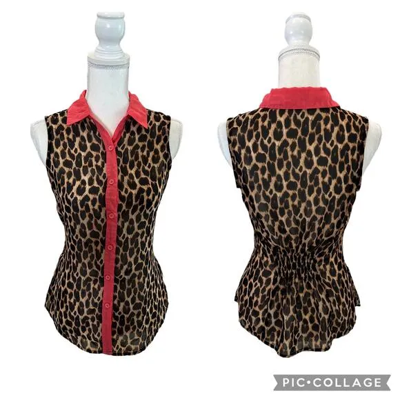 Ali & Kris Button Down Sleeveless Leopard Animal Print Sheer Blouse Size Small - Image 2