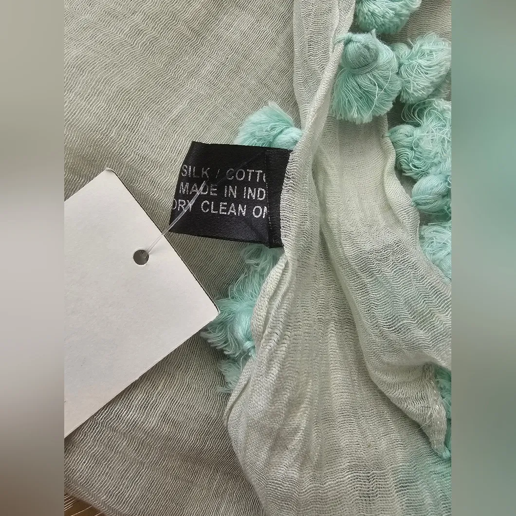 La Fiorentina Silk Cotton Blend Sheer Light Blue Tassel Scarf Wrap New With Tags - Image 5