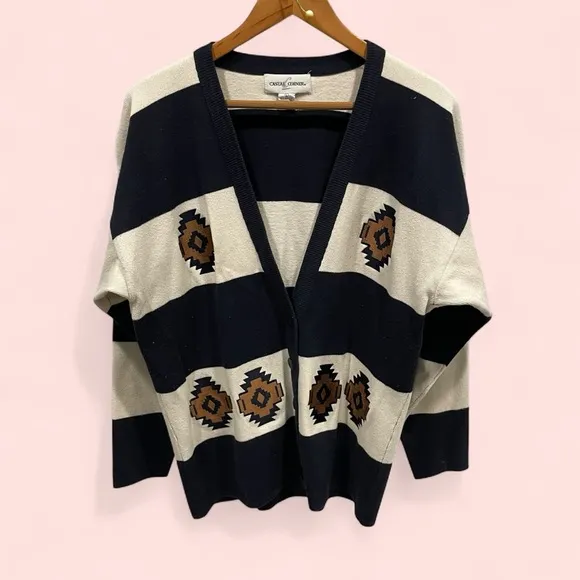 Vintage 80’s varsity stripe aztec embroidery oversized cardigan chunky funky Blue Size L - Image 2