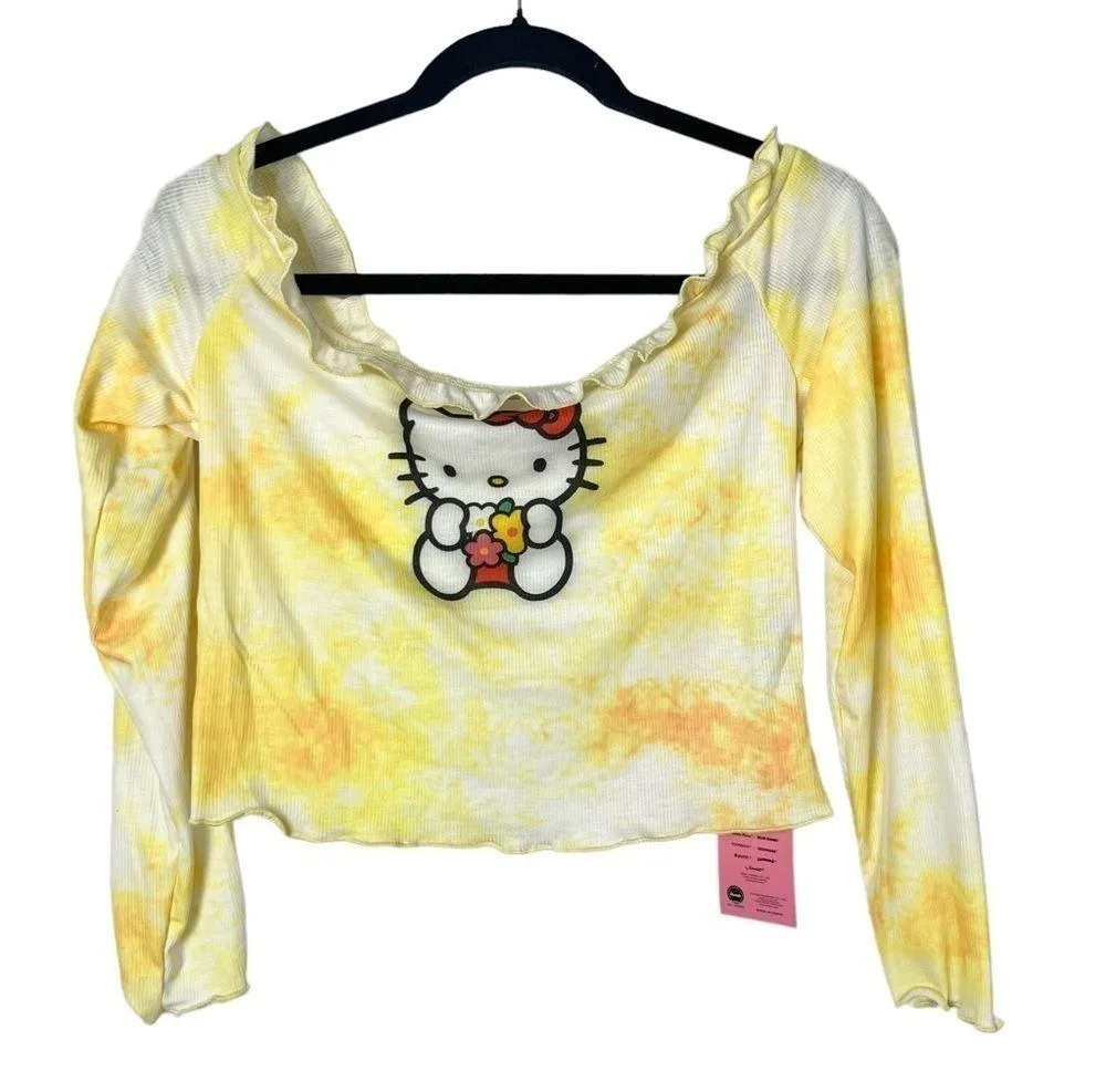 SHEIN X Hello Kitty Yellow Tie Dye Ruffle Cropped Long Sleeve Top 0X - Image 2