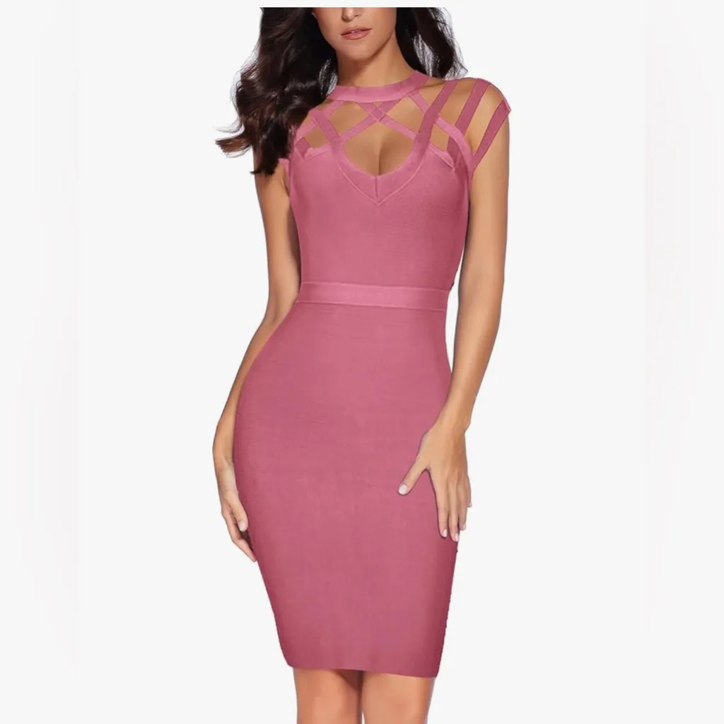 NEW Mauve High Neck Cut Out Bandage Mini Formal Wedding Guest Dress XL Pink - Image 8