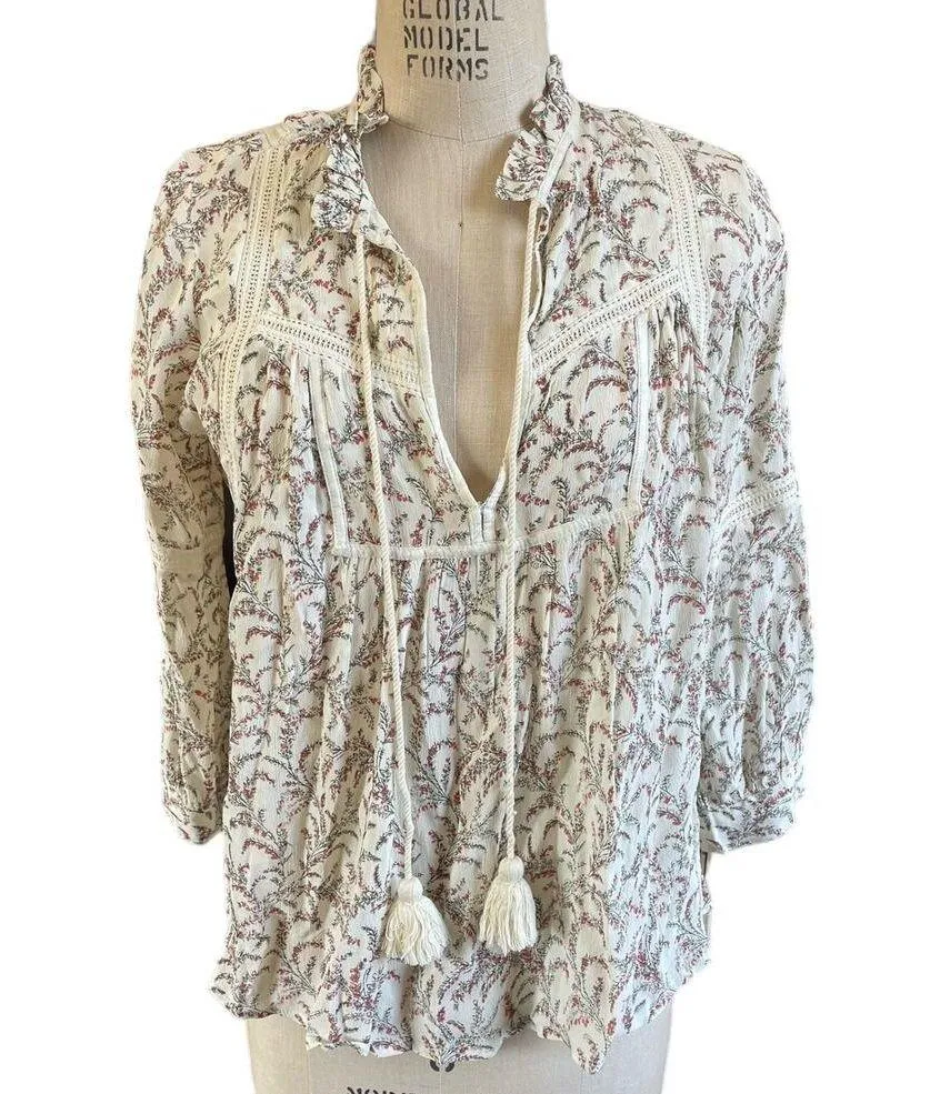 ba&sh Emma Floral Boho Peasant Blouse w/ Tassel Ties Size 2/ US 8 - Image 2