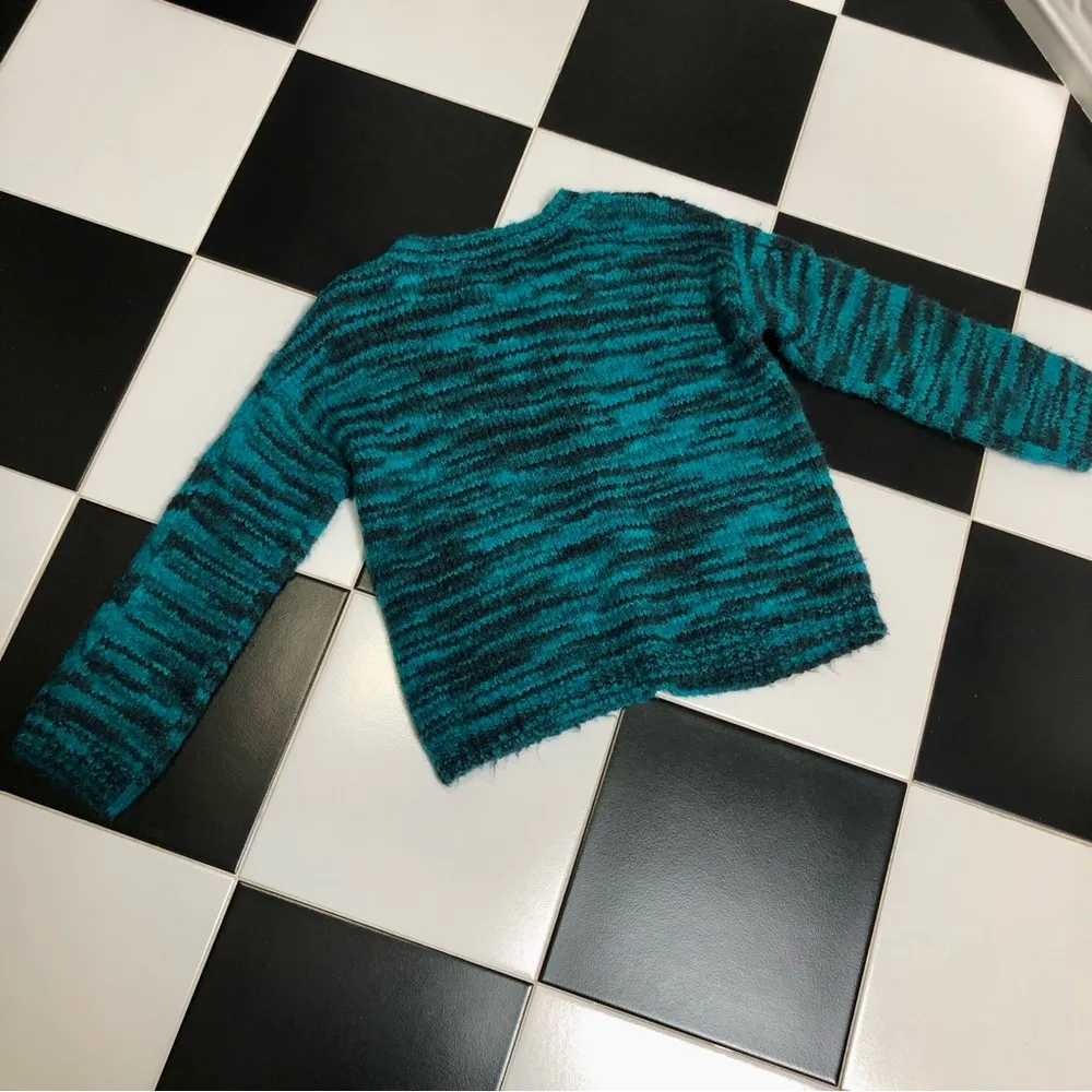 Chunky Open Cable Knit Crochet Sweater Teal Turquoise & Black Woven M - Image 10