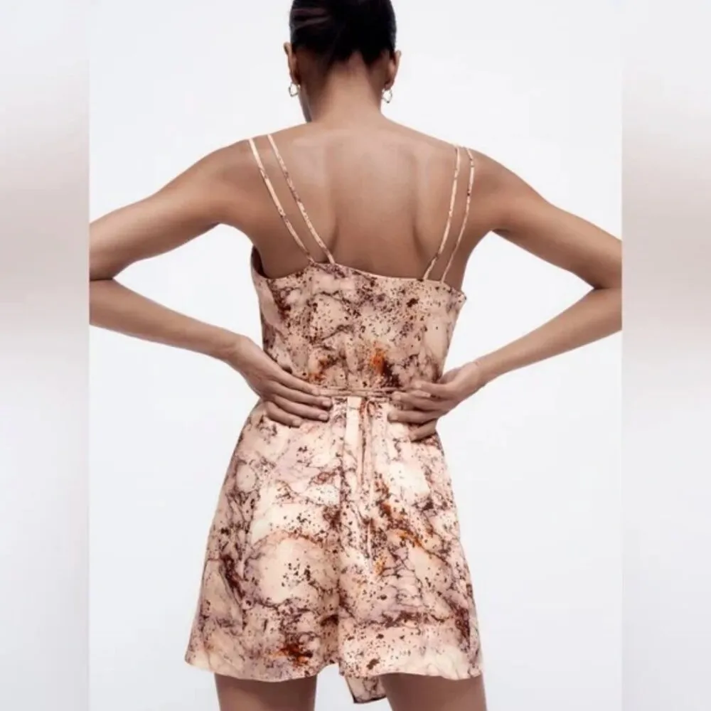 Zara Mini Dress S Satin Effect Wrap Slip Marble Print V-Neck Blogger Fav Neutral - Image 8