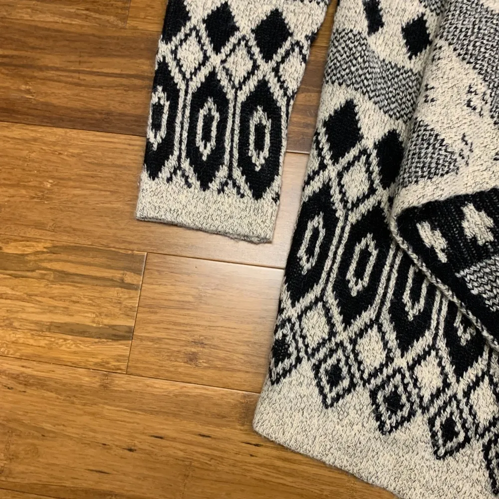 Lucky Brand Cardigan Womens Large Cream Black Open Front Geometric Print Sweater - Image 3