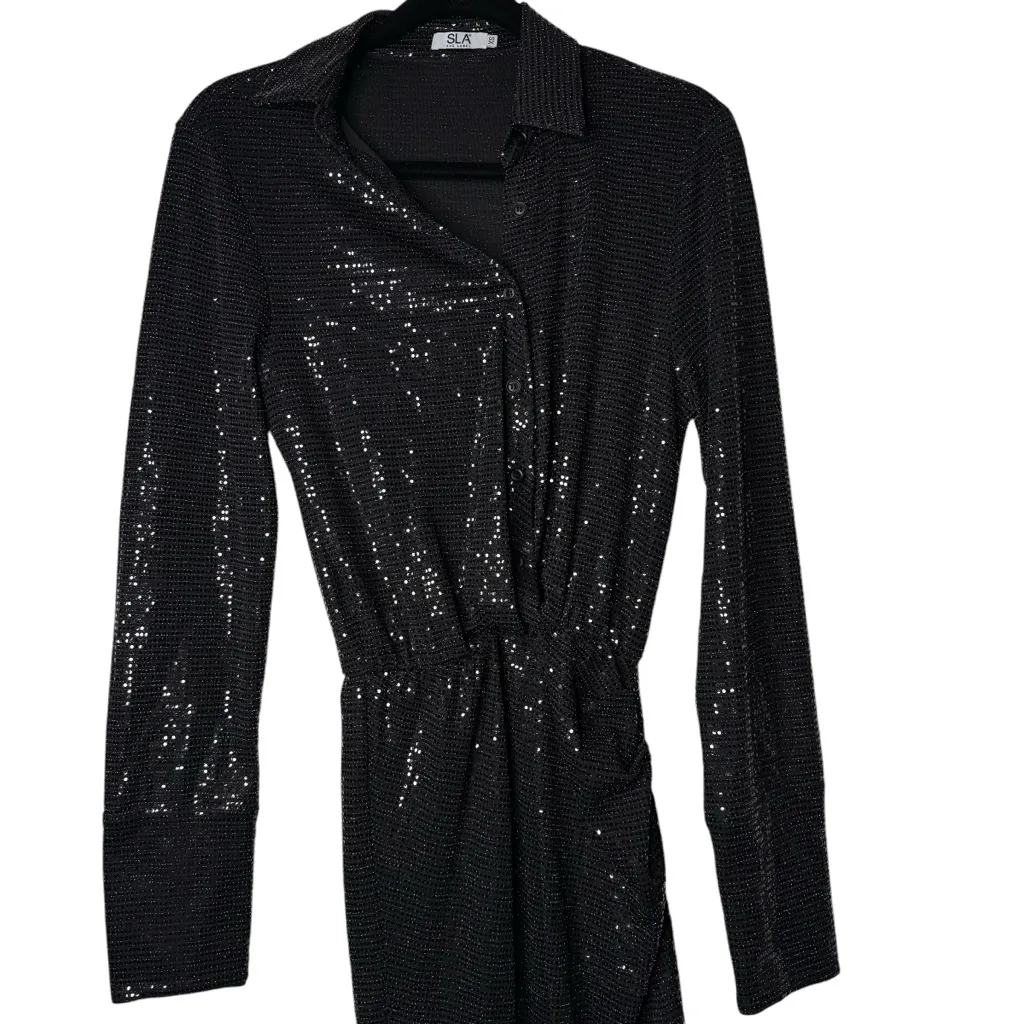 SLA THE LABEL Sz XS Women's Black Sequin Vneck Long Sleeve‎ Ebony Midi Dress - Image 3