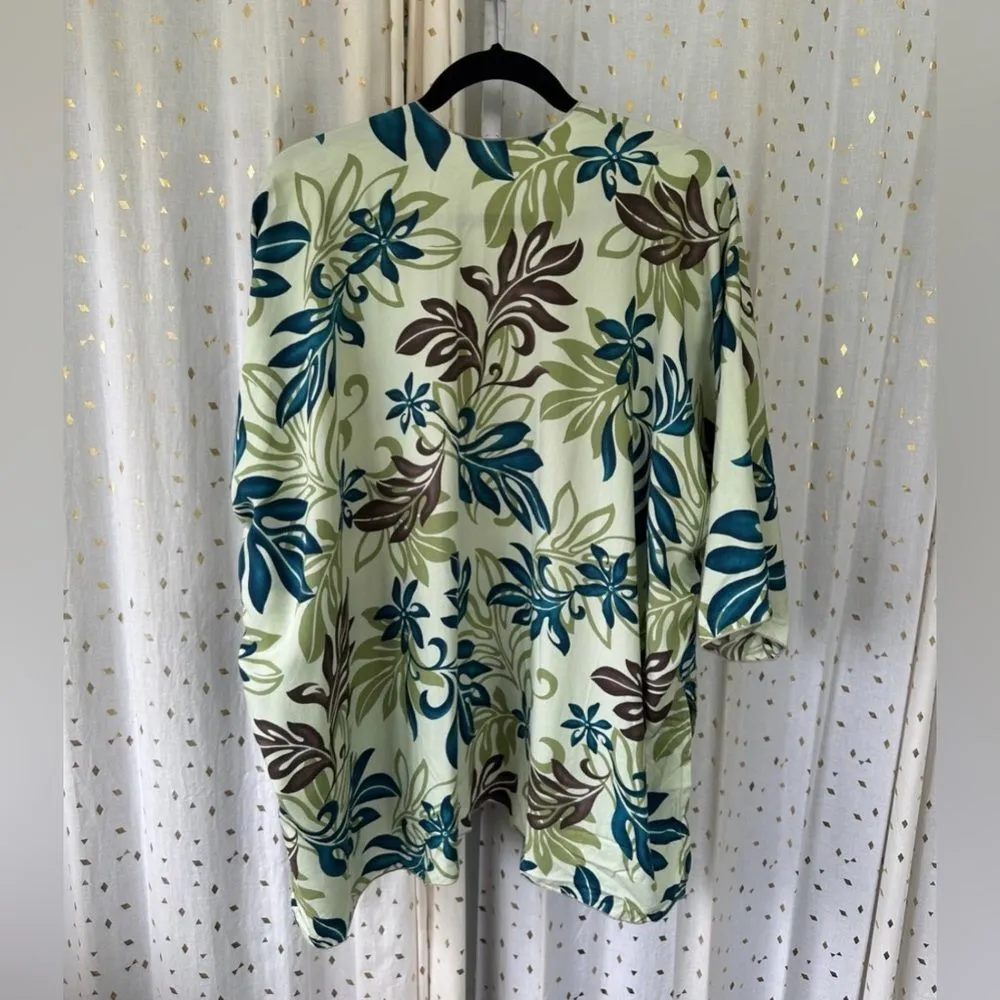 Maia Creations Hawaiian Tropical Floral Print Open Kimono Cover Up One Size Plus Green - Image 2