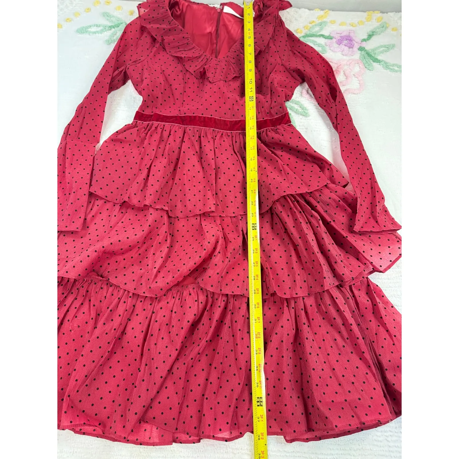 Rachel‎ parcell Women's Red Black Polka Dot Long Sleeve Tiered Ruffle Dress 8 - Image 2