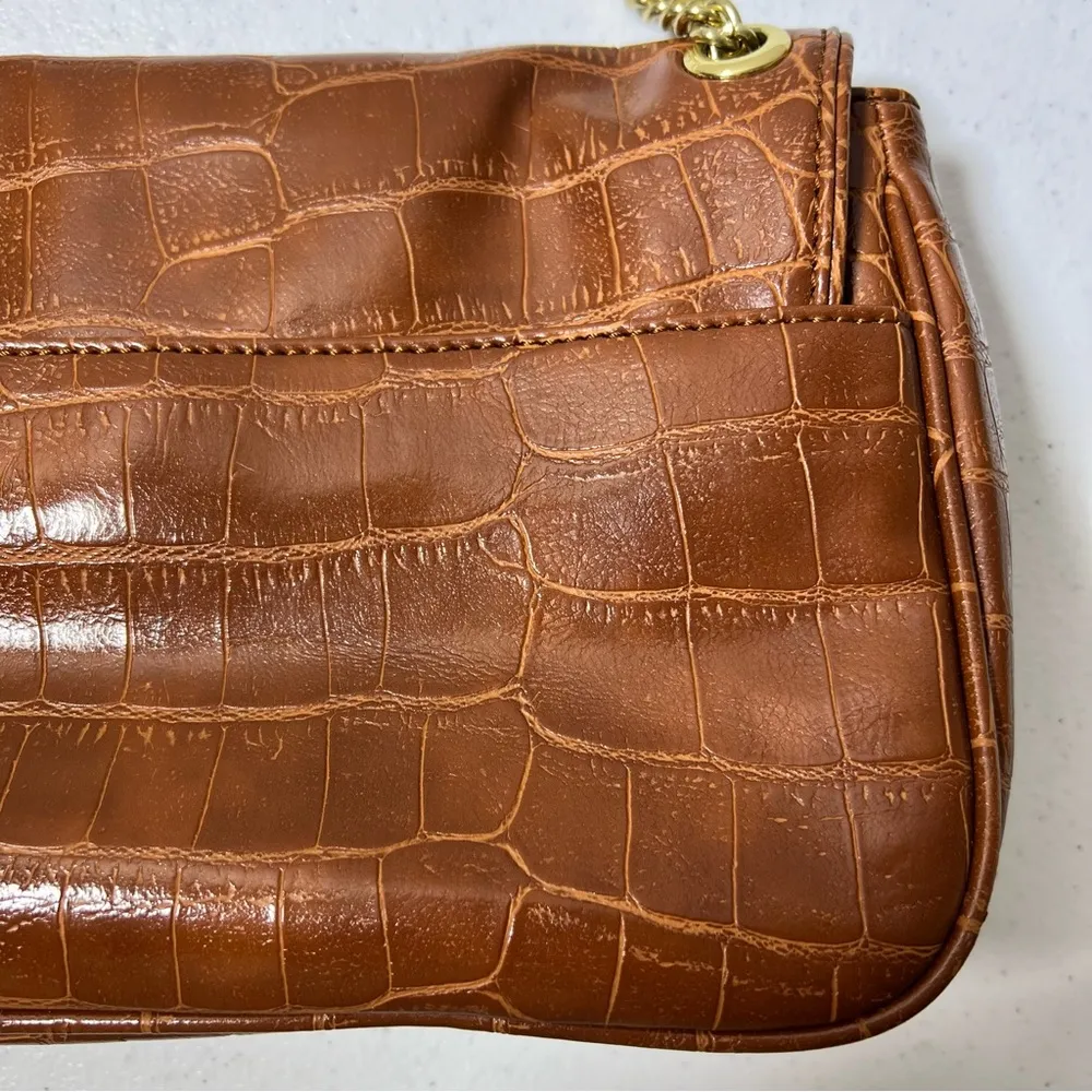Anne Klein Brown Faux Alligator Handbag with Gold Tone Chain - Image 10