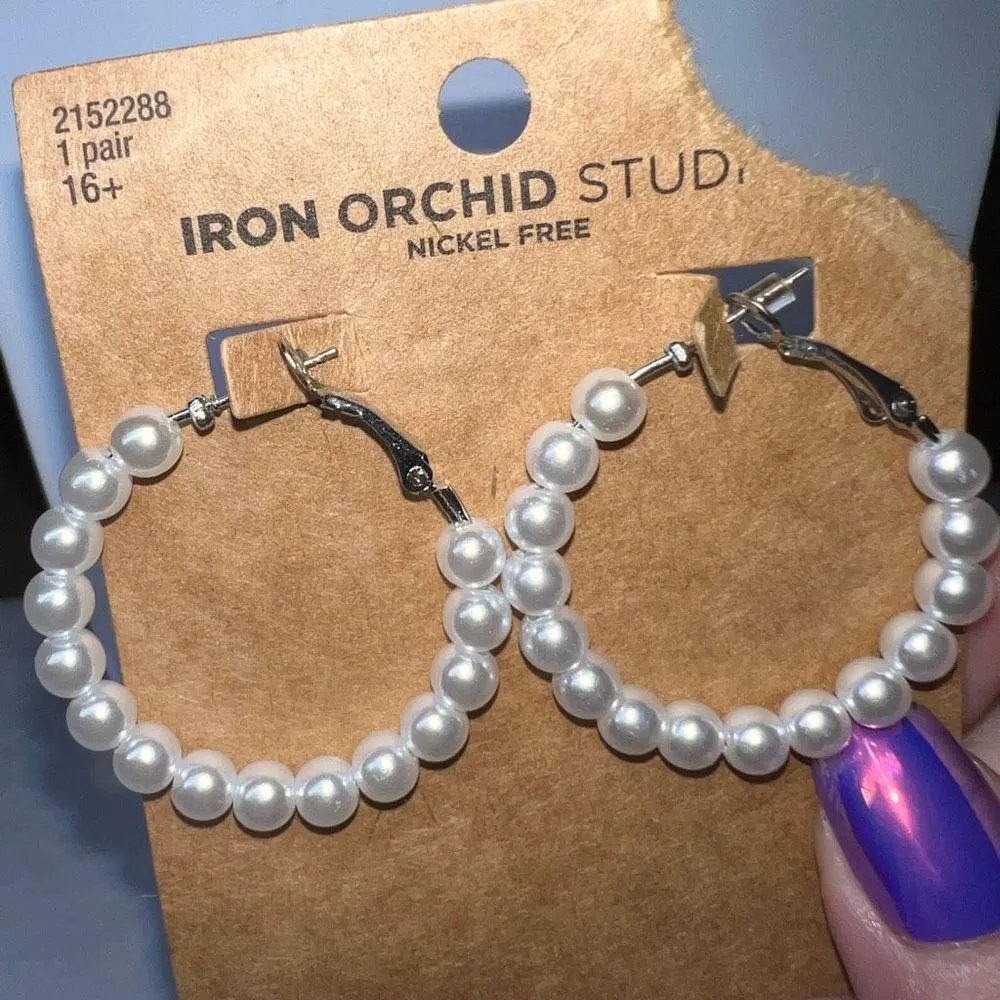 Iron Orchard Studios Nickel Free Faux Pearl Hoop‎ Earrings Silver - Image 6