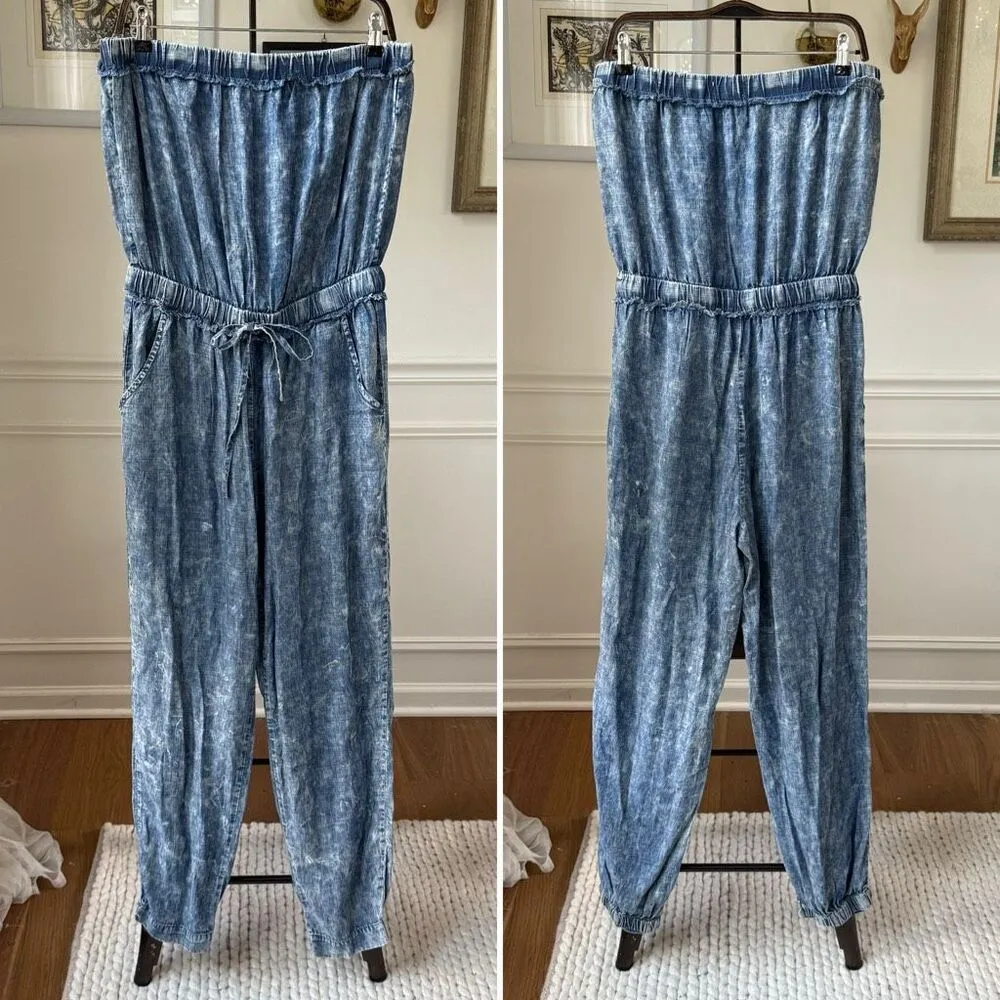NWOT Bluivy Blue Comfy Acid Washed Tube Denim Chambray Jumpsuit L Size L - Image 3