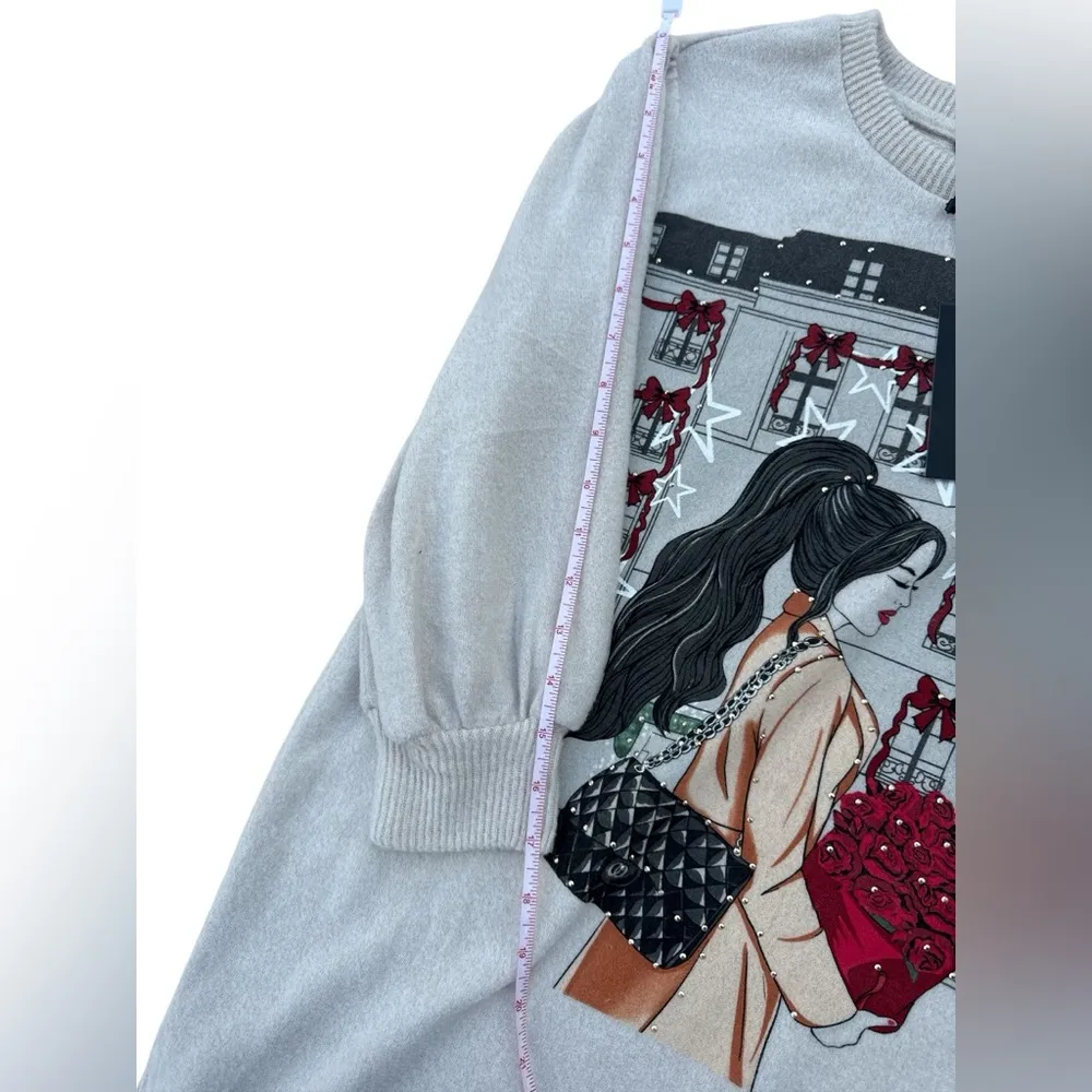 NWT Love & Lace Elegant Cream Sweater with Fashion Graphic size small Black - Image 7