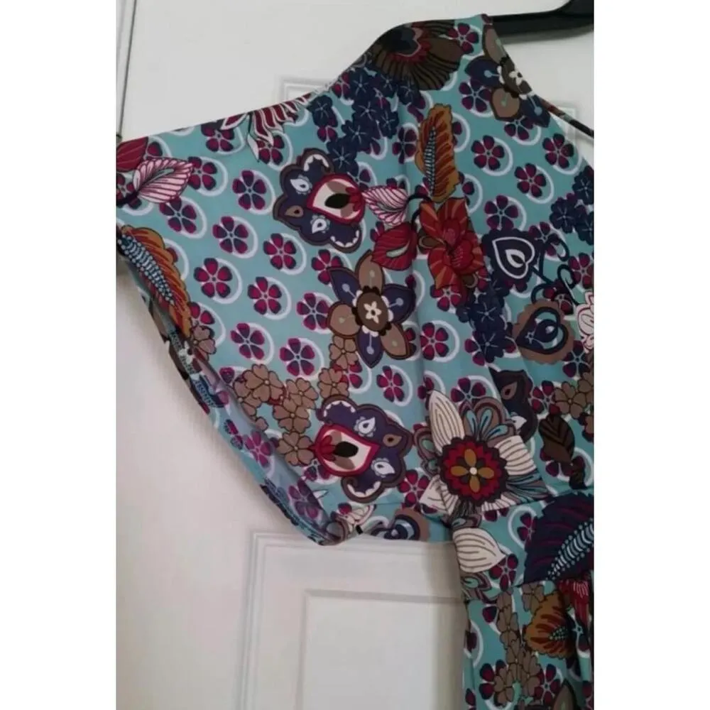 NEW My Story Modcloth Aqua Blue Floral Boho Batwing V-Neck & Back Mini Dress S - Image 2