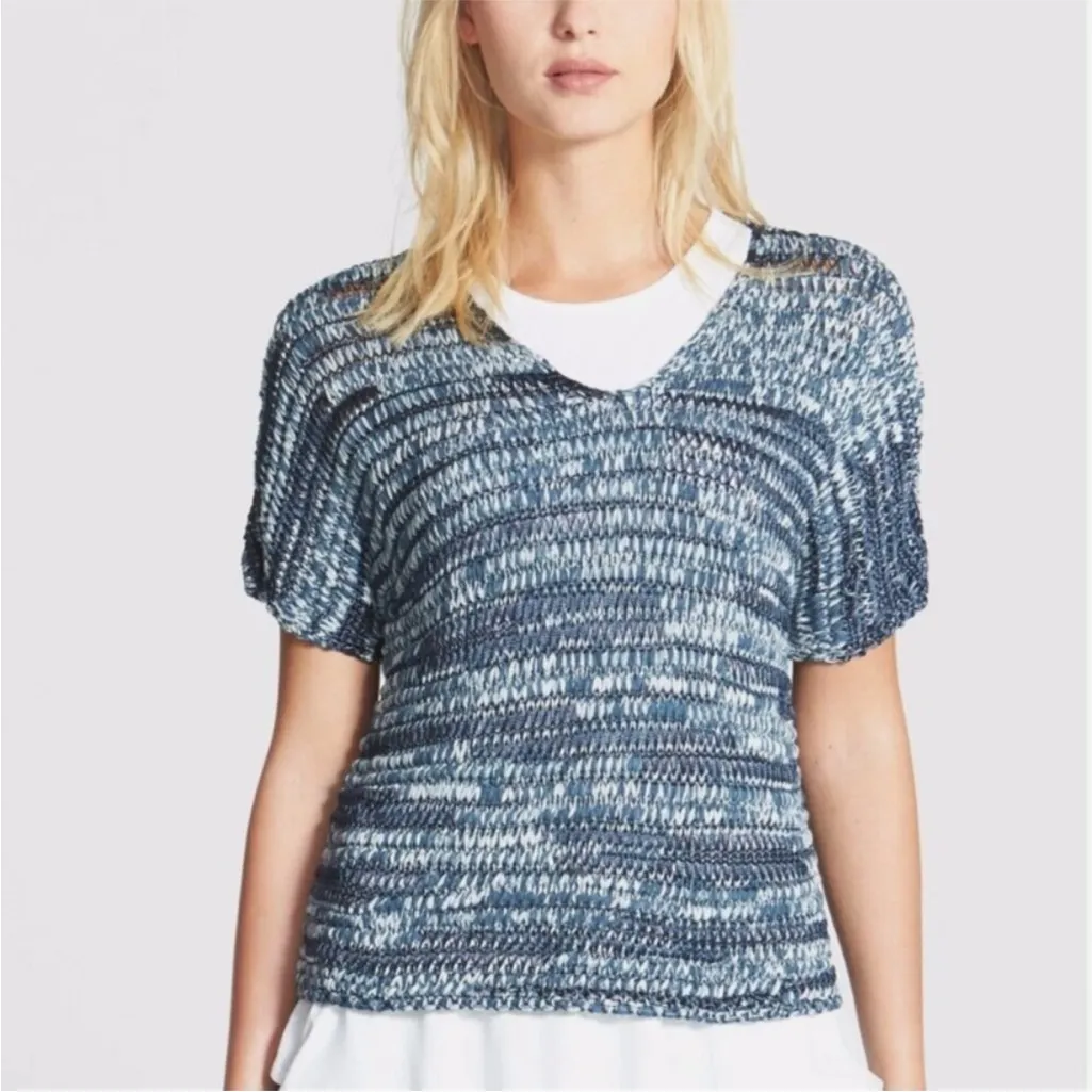 Eileen Fisher Sweater Top V-Neck Ribbon Tape Knit Blue Brushstroke Small Petite - Image 2