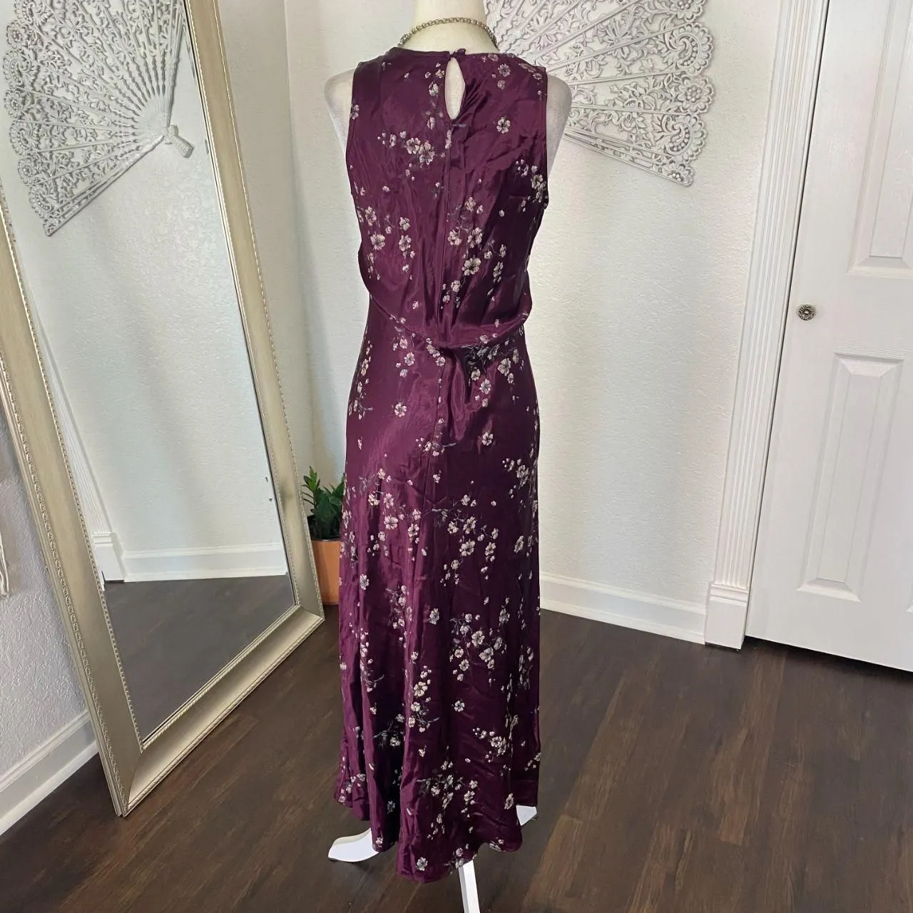 Dark Purple Burgundy Early 2000's Whimsygoth Floral Satin Midi Maxi Dress XS - Image 5