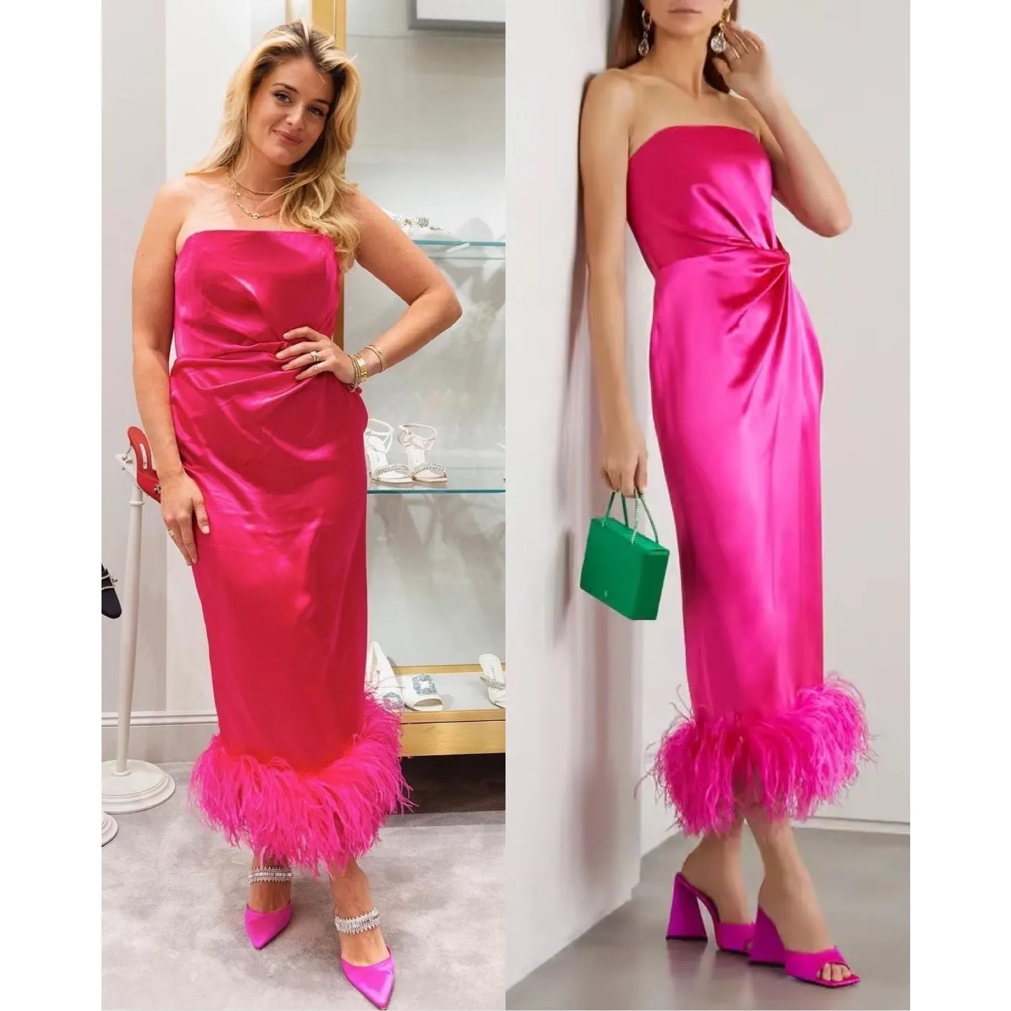 16Arlington Himawari Dress Strapless Feather Trimmed Knot Satin Pink Midi Size 2 - Image 14
