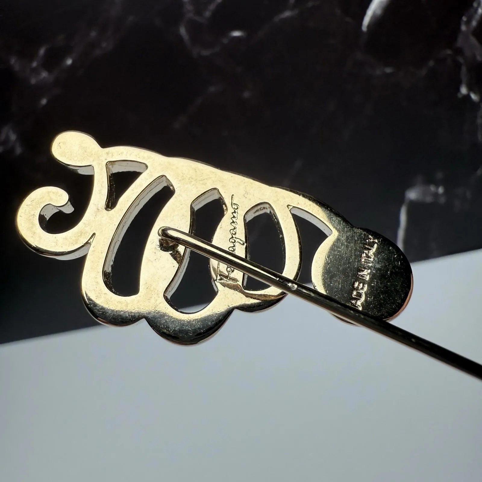 Salvatore Ferragamo Lapel Stick Pin Gold Tone Scroll Signed Made In Italy - Image 4