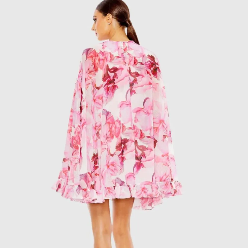MAC DUGGAL (NWT) Pink Floral Print High Neck Ruffle Hem Cape Mini Dress, Size 0 - Image 2