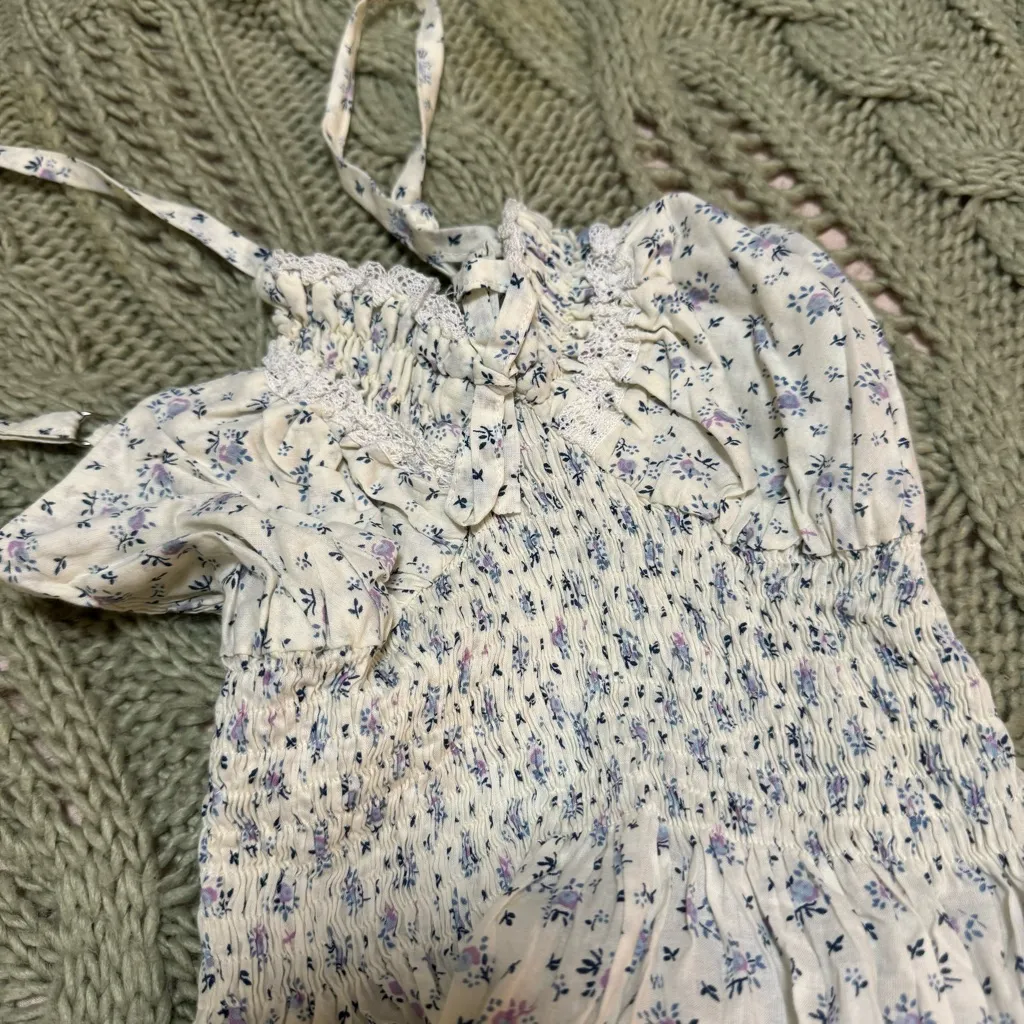 CB Positano Blue Floral Smocked Lacrosse Tie Detail Dress - Image 2