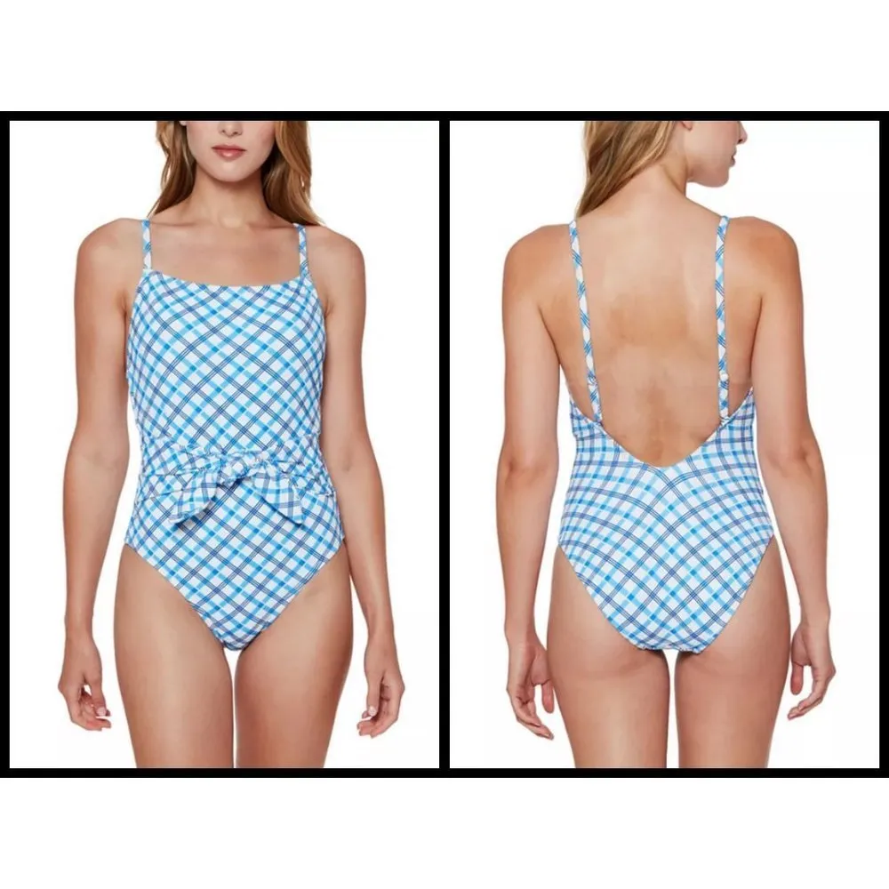 💕JESSICA SIMPSON💕 Checked Tie-Waist One-Piece Swimsuit Sol Yellow Plaid L NWT - Image 2