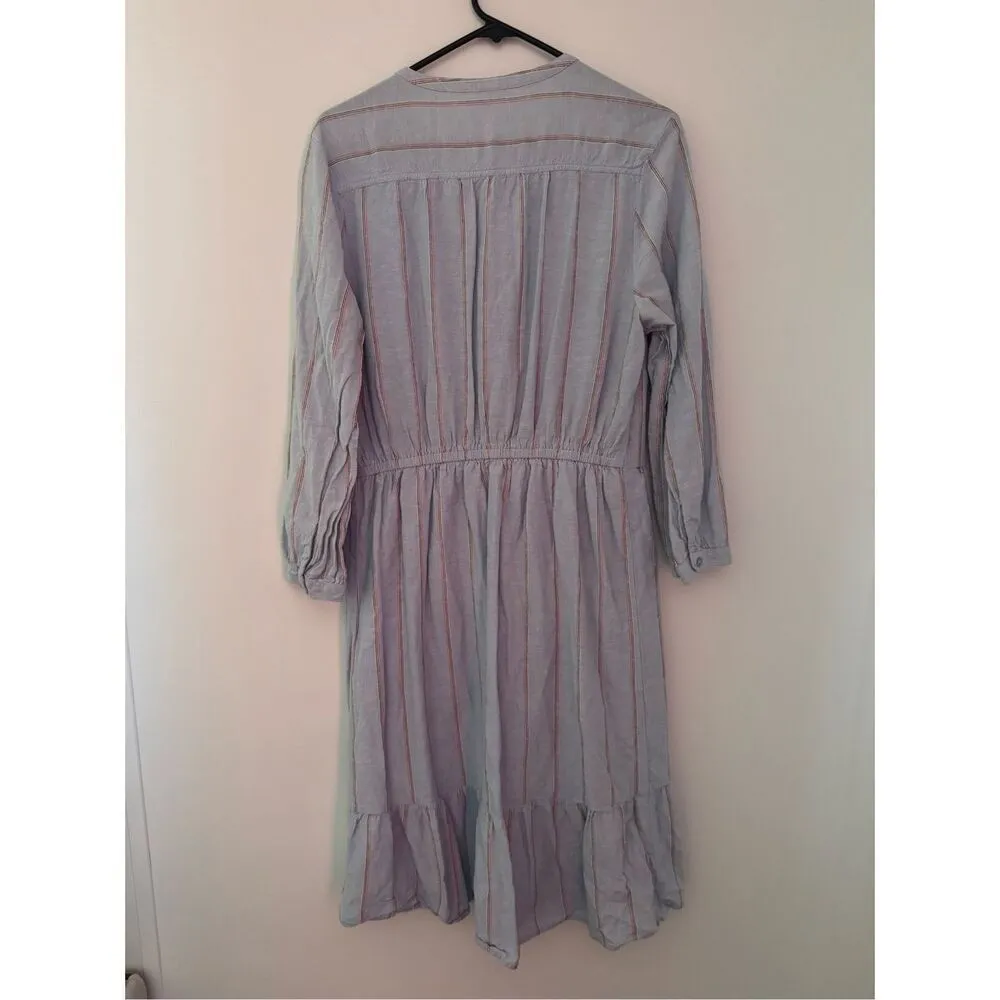 Old Navy sz L Womens Blue Linen Cotton Striped Tiered Button Midi Dress Nautical - Image 4