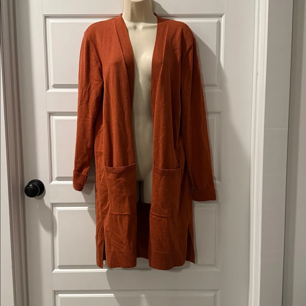 Duluth Trading Cardigan Shiftless Duster Sweater Long Pockets Open Front Small Orange - Image 4