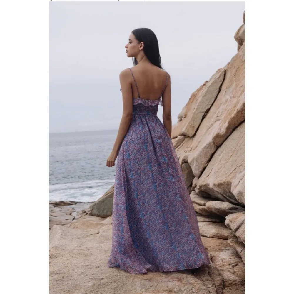 NEW NWT Sau Lee Florence Silk Gown Ruffle Sweetheart Slit Chiffon Maxi Size US 4 Blue - Image 12