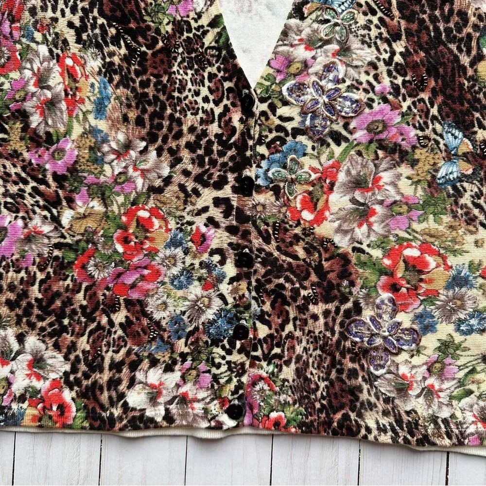 Alberto Makali Leopard Floral Mixed Print Luxe Cardigan Medium - Image 7
