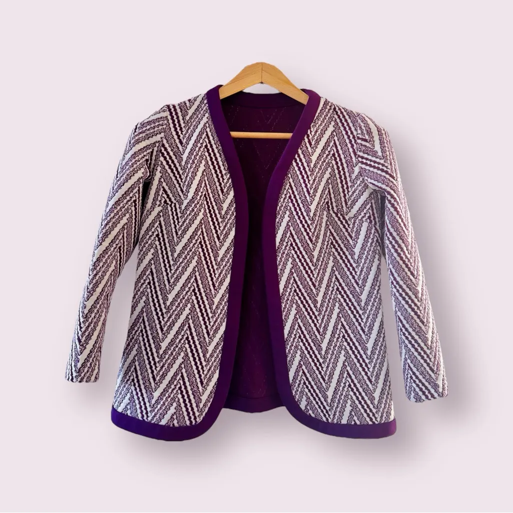 Vintage Woven Quilt Knit Suit Dress Jacket Blazer, Purple & White Print sz. M Size M - Image 2