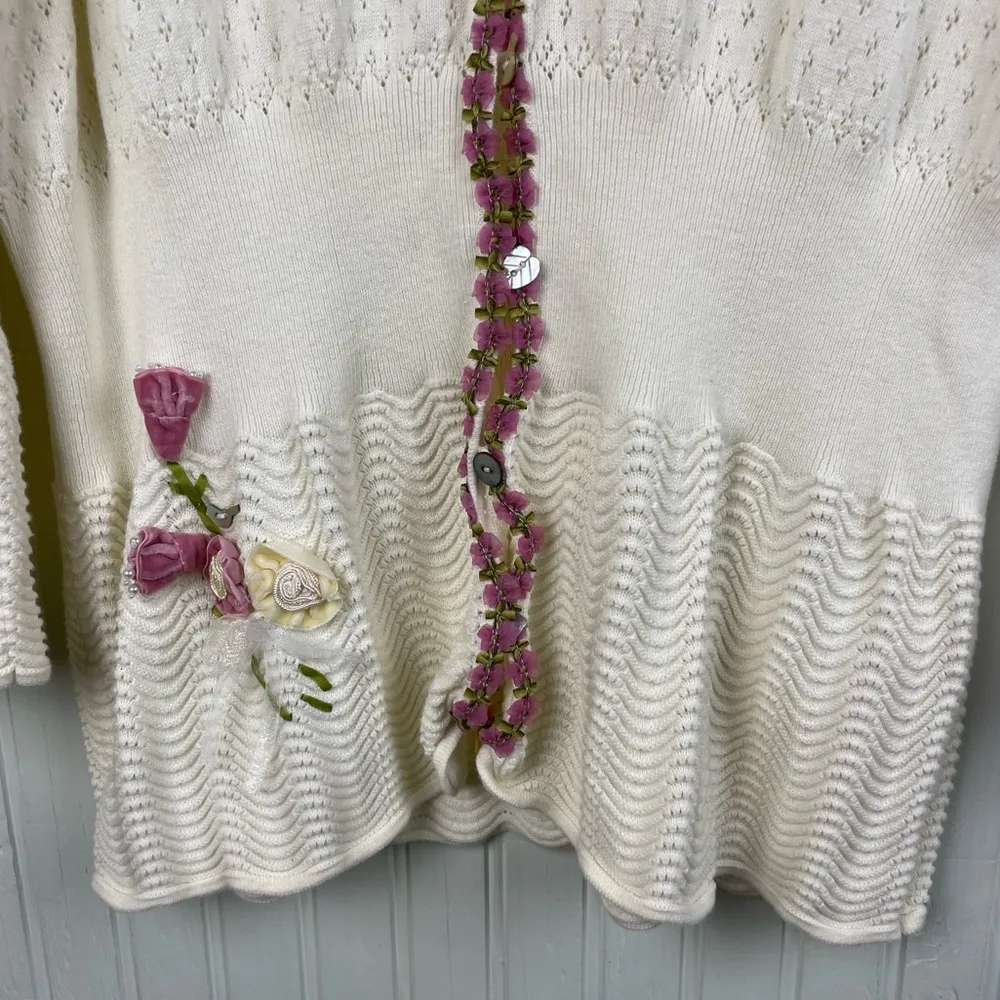 NorthStyle Womens Flower Embellished Cardigan Pointelle Knit Size XL Cottagecore Pink - Image 9