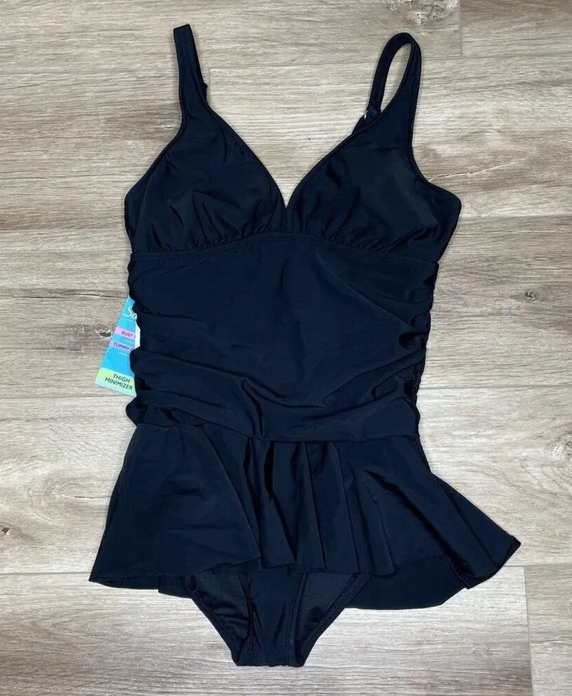 Swim Solutions Women's Solid Black Tummy Control V - Image 2