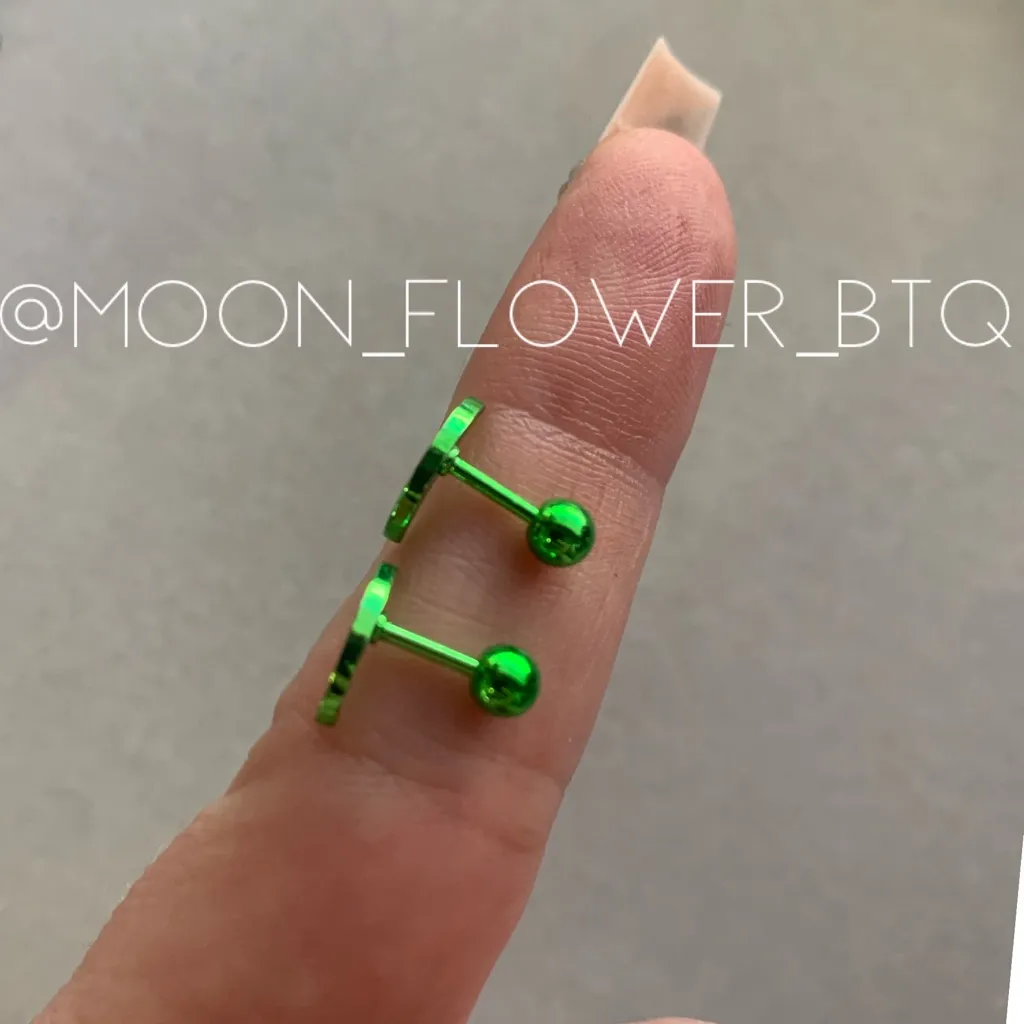 Neon Green Crescent Moon Barbell Earrings – 18G Stainless Steel Piercing Jewelry - Image 3