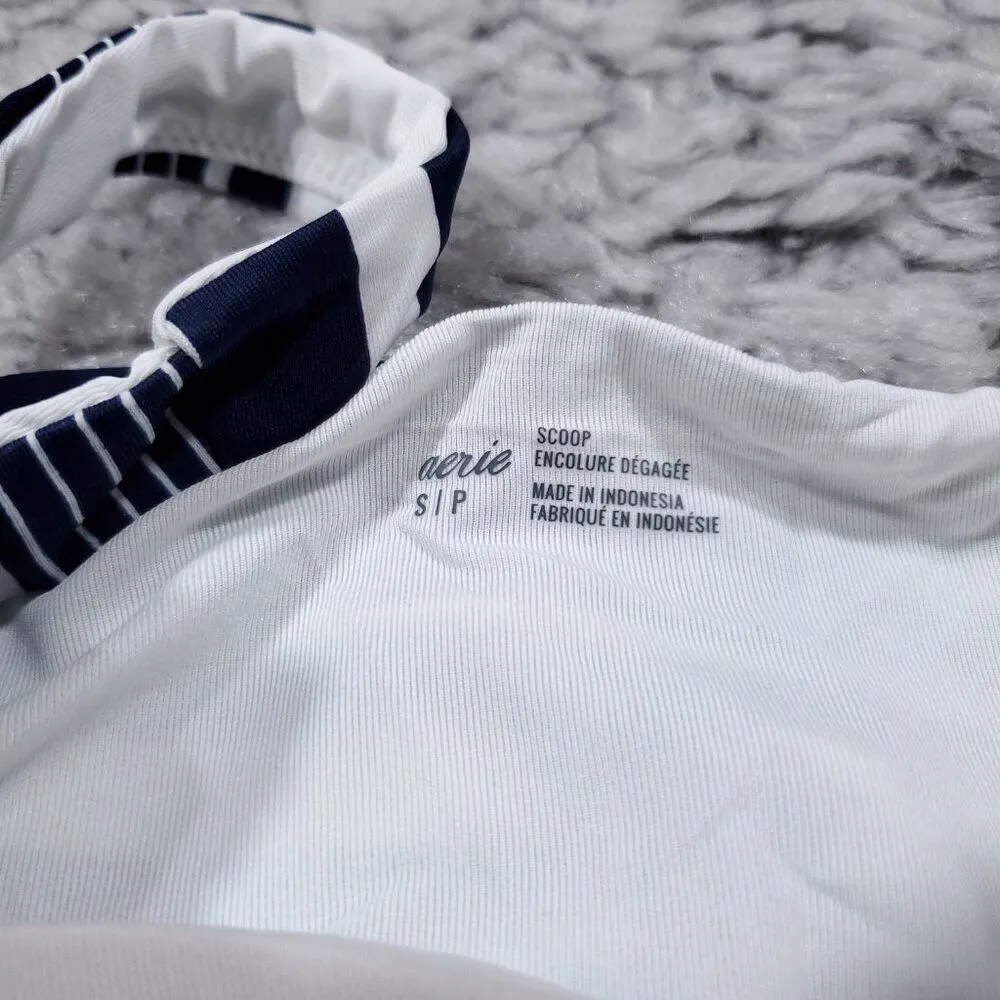 Aerie Striped Lace Up Longline Scoop Bikini Top Size Small Navy Blue White - Image 5