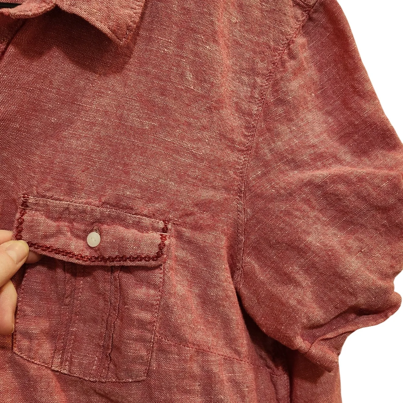 Eddie Bauer Red Linen Blend Pockets Cuffed Short Sleeves Button Up Shirt Large - Image 4
