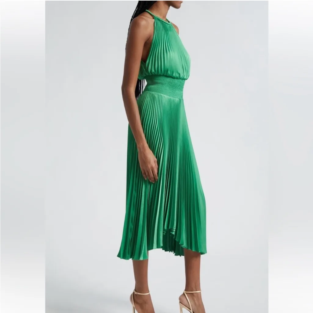 A.L.C. 10 NEW Renzo II Midi Dress Pleat Kelly Green Holiday NYE Asymmetrical - Image 3