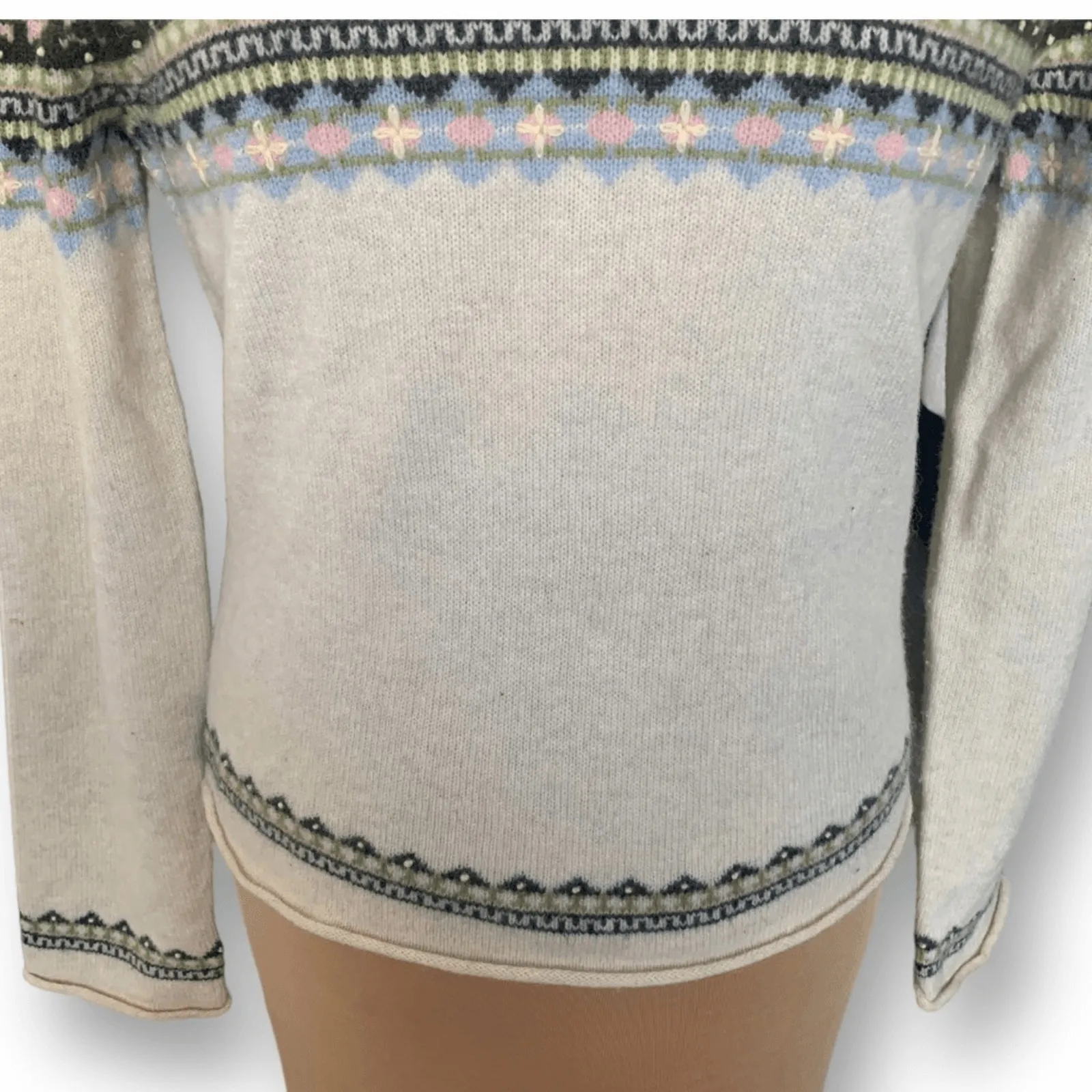 Vintage Lucky Brand Sweater Cream Pink Faire Isle Boxy Neutral Knit Pullover Size M - Image 5