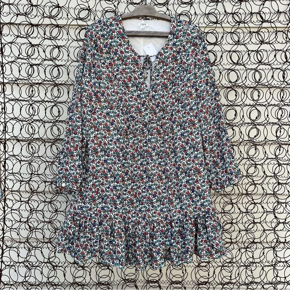 J Crew Floral Cottage Core Flowy Long Sleeve Ruffled Hem Keyhole Tie Neck Dress - Image 2