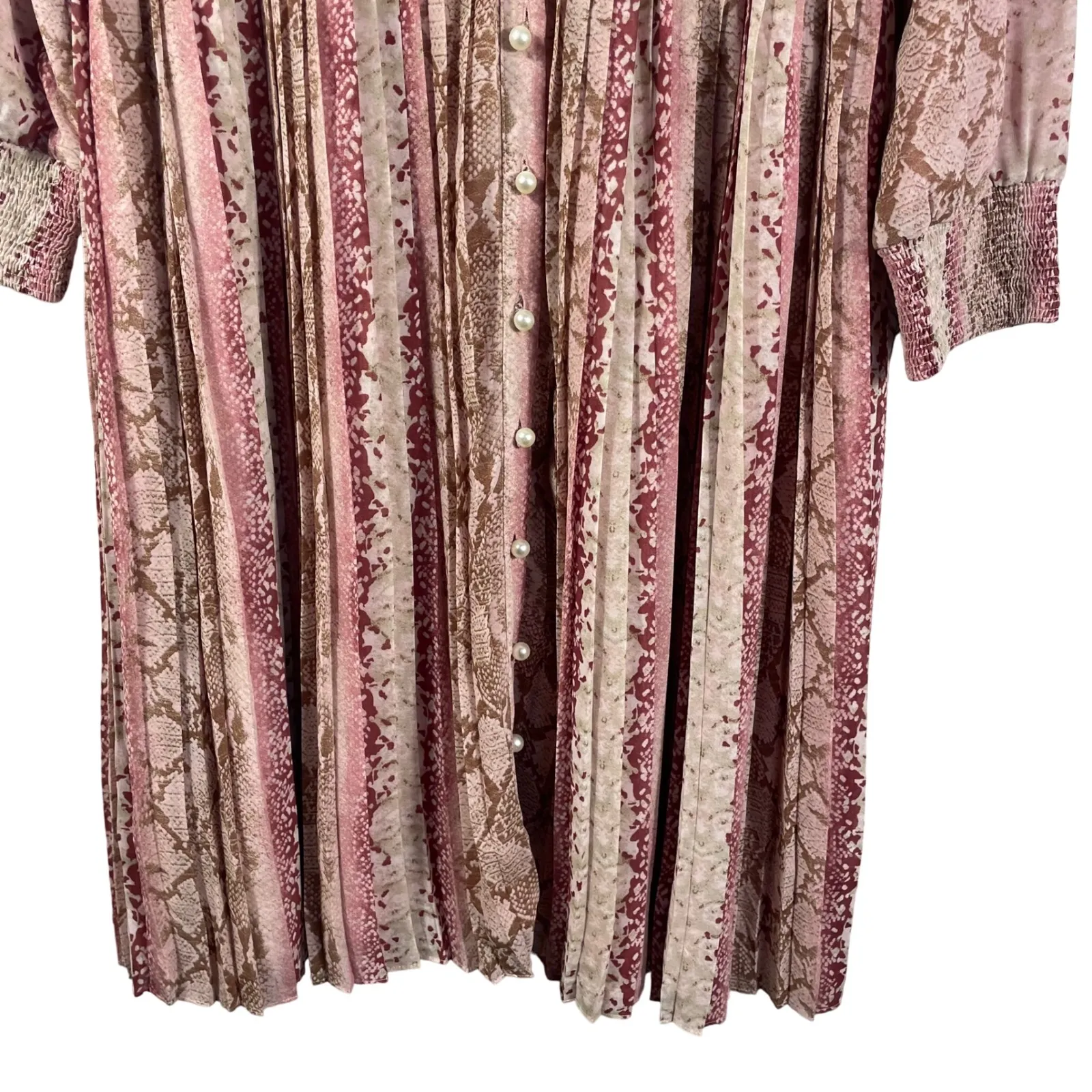 Porter XL Midi Dress Pink Snake Print Long Sleeve Pleated Skirt Boho Cottagecore - Image 3