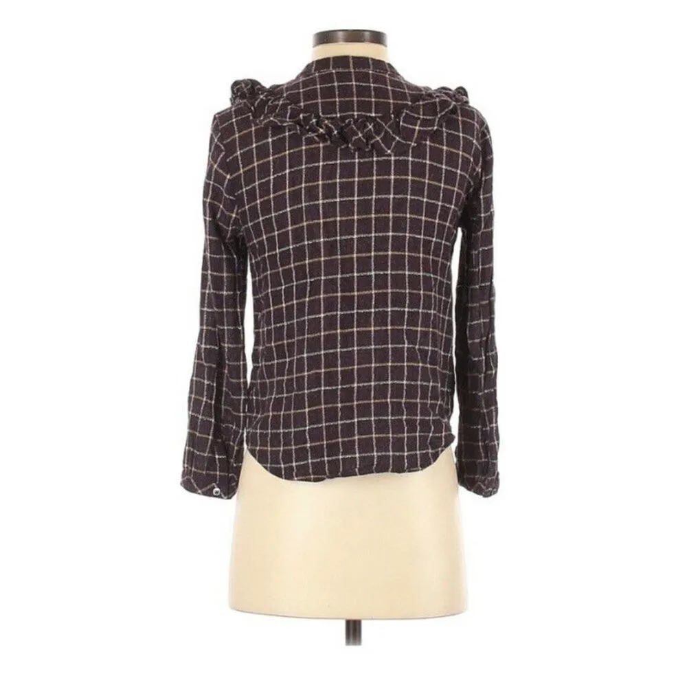 Madewell Purple Plaid Ruffled Button Down Shirt Womens XS Cottage Core Fall - Image 2