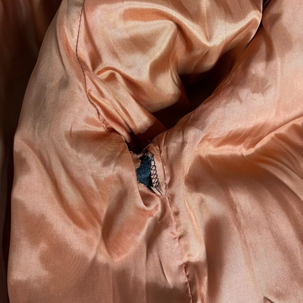 Vintage 70s Double Breasted Faux Fur Coat Large Buttons Pockets Orange Lining Brown - Image 9