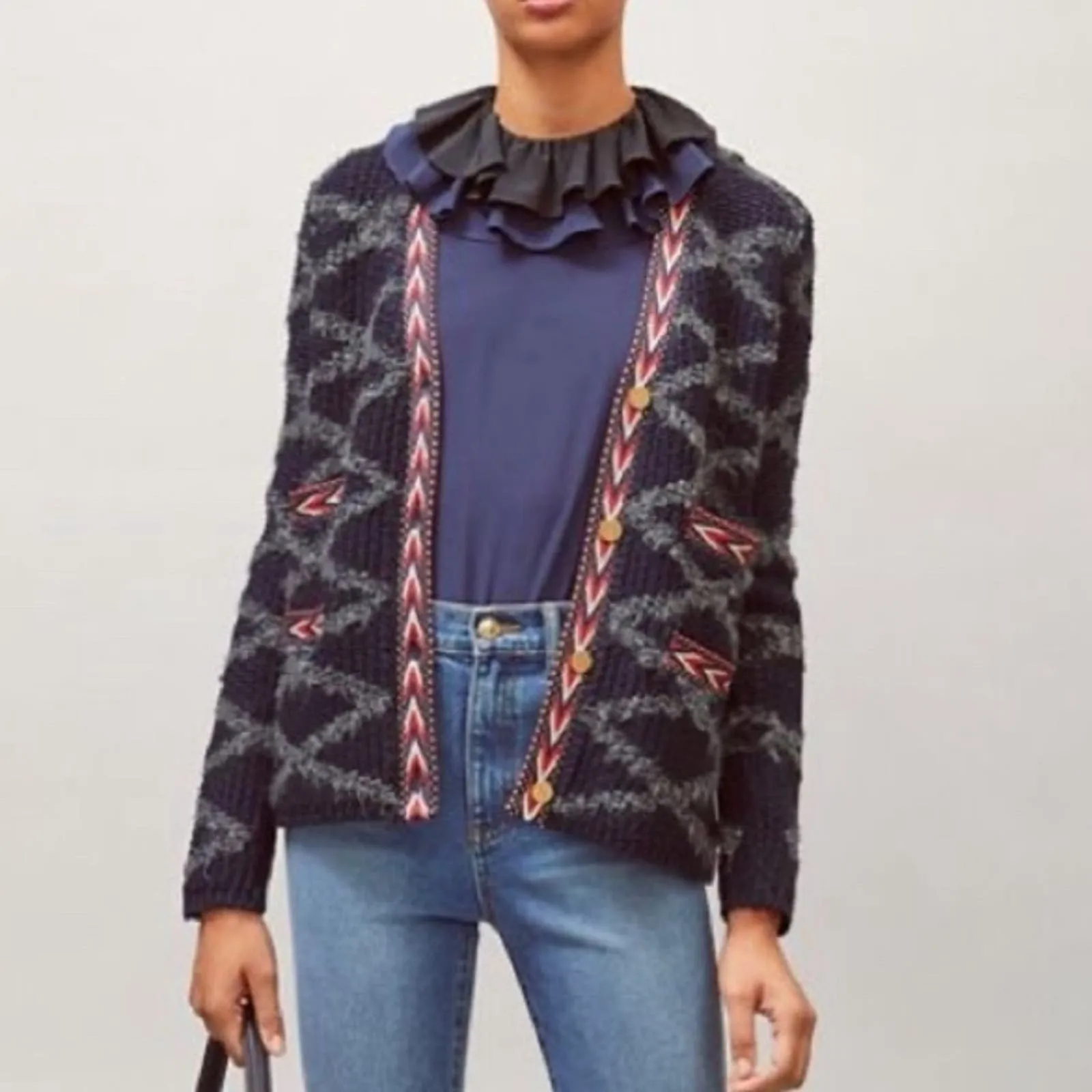 Tory Burch Tweed Trim Cardigan Sweater Coat Blue Red Gold‎ Womens size small - Image 2