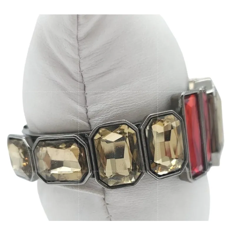 Cache Red Light Brown Rhinestone Hinged Bracelet Silver Tone Statement Cuff M-L - Image 4