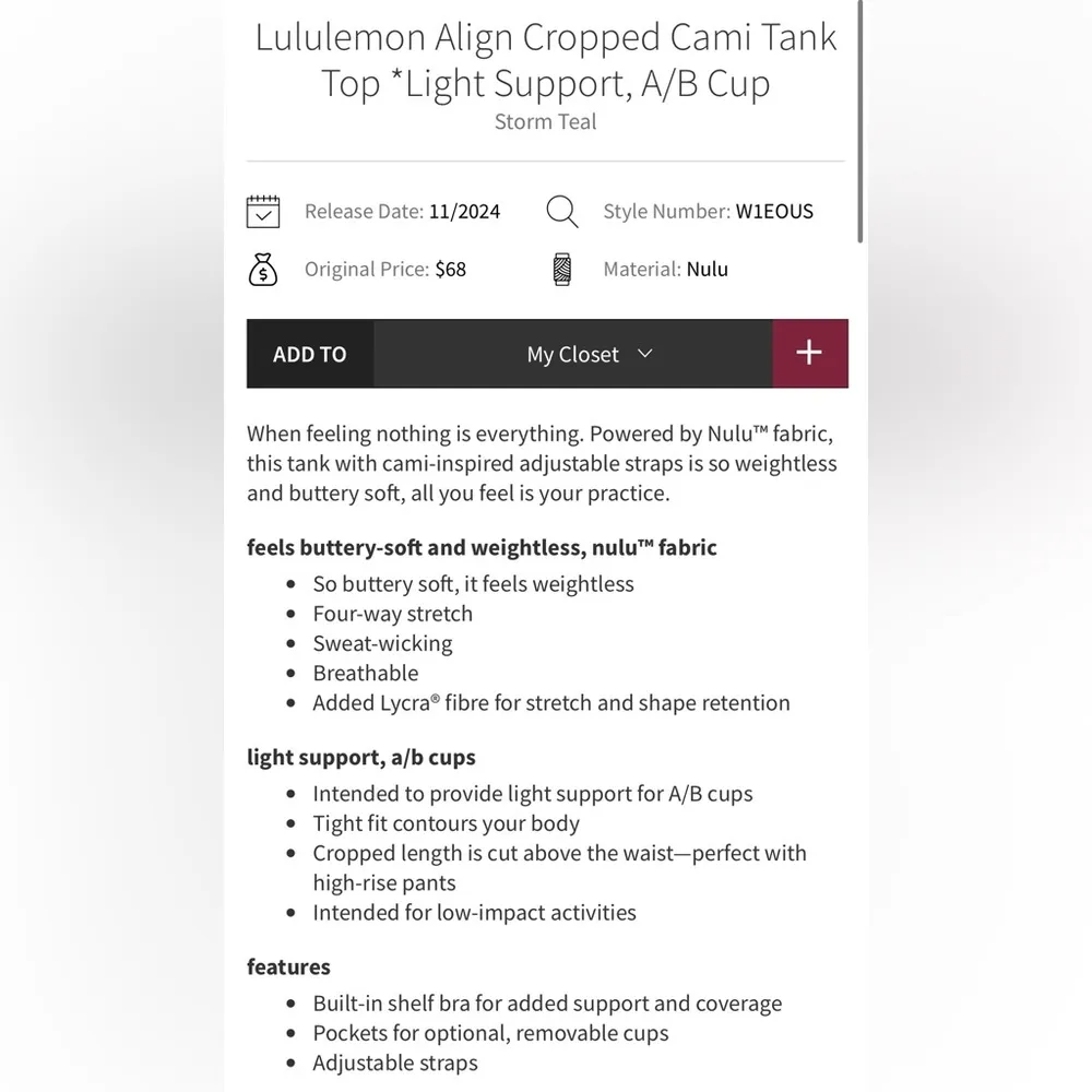 NWT Lululemon Align Cropped Cami Tank Top Storm Teal Size 12 A/B Cup - Image 4