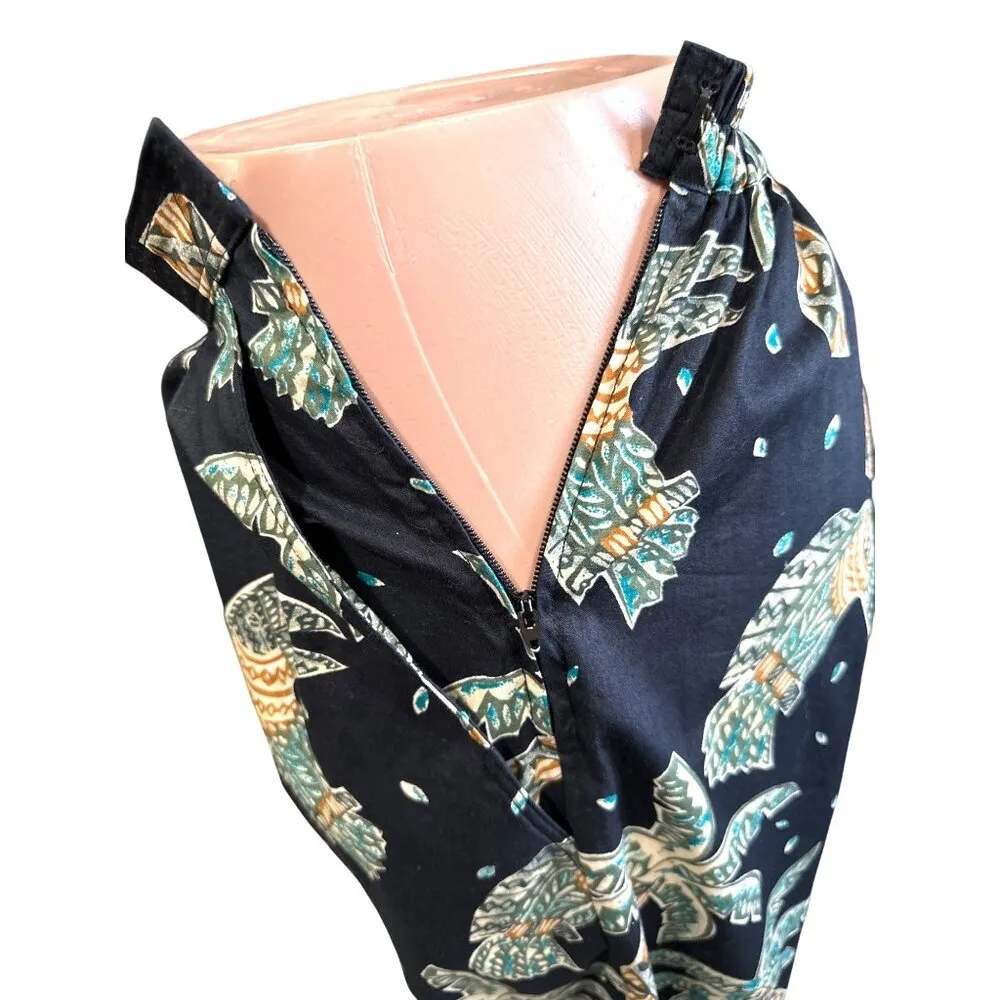 CCC Vintage Boho Black Wide Leg Pants With Leaf Print Elastic Waist Size Medium Green - Image 5