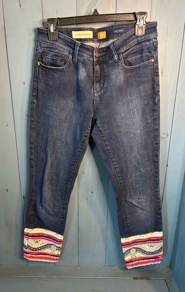 Pilcro by Letterpress Indigo Jeans with Multicolor Patchwork Hem | Size 28 - Image 1