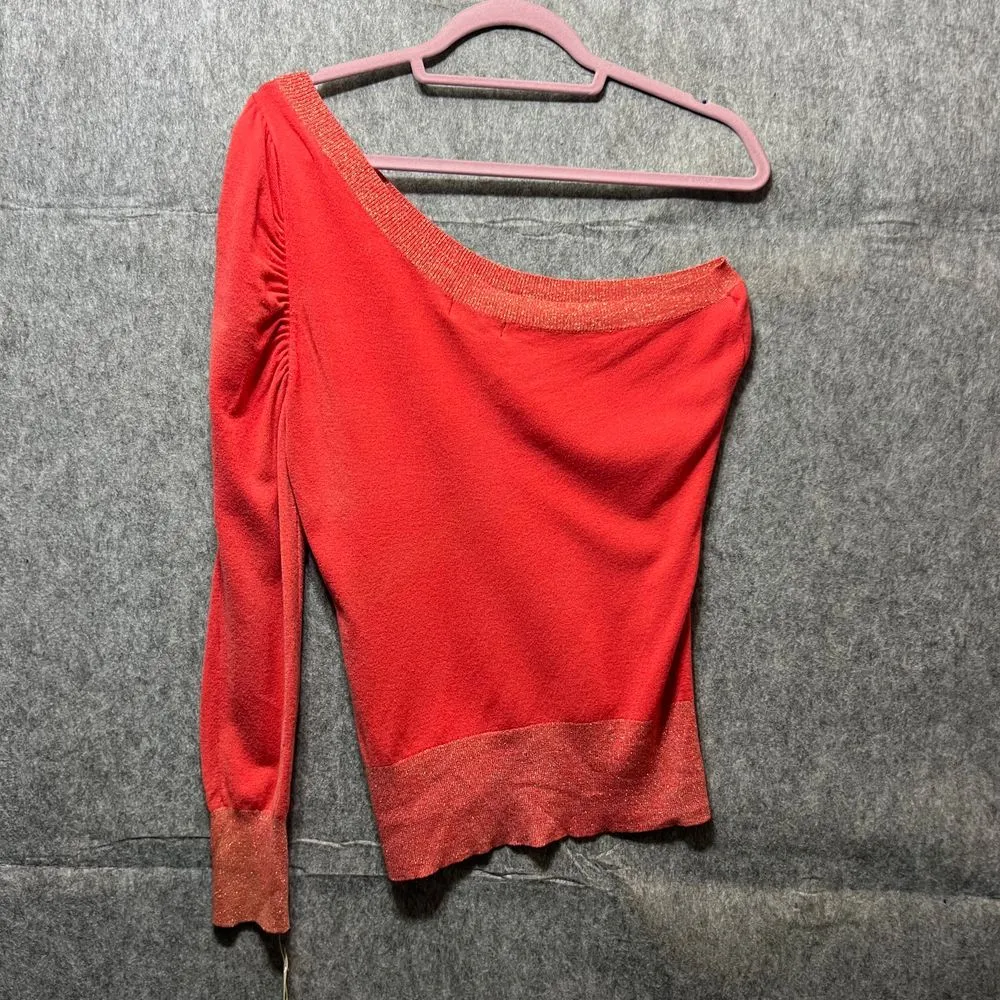 Rampage Metallic Shimmer Long Sleeve Sweater One Shoulder‎ Size L Melon - Image 9