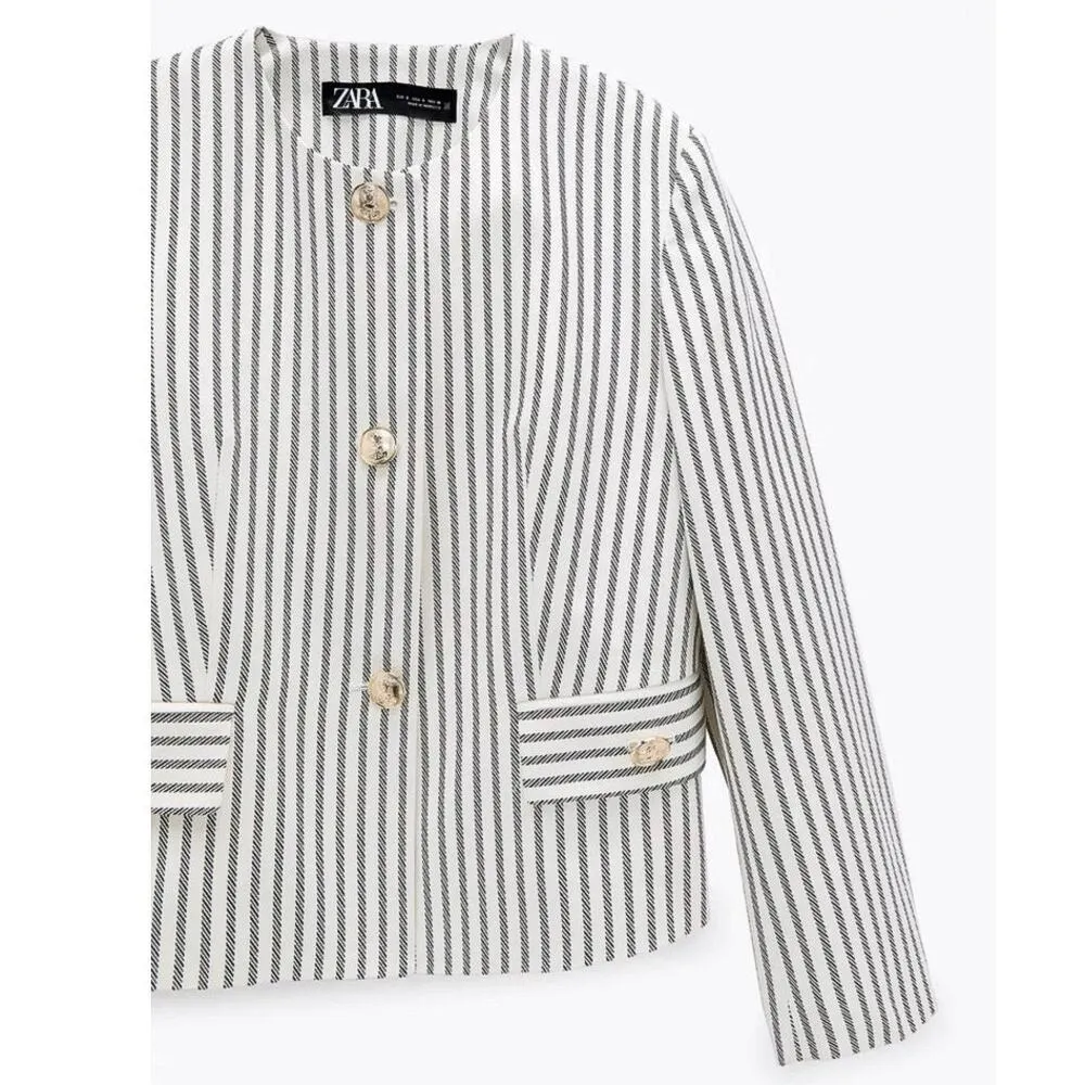 Zara Cream White Striped Long Sleeve Gold Button Down Crop Blazer Coat Jacket S - Image 13