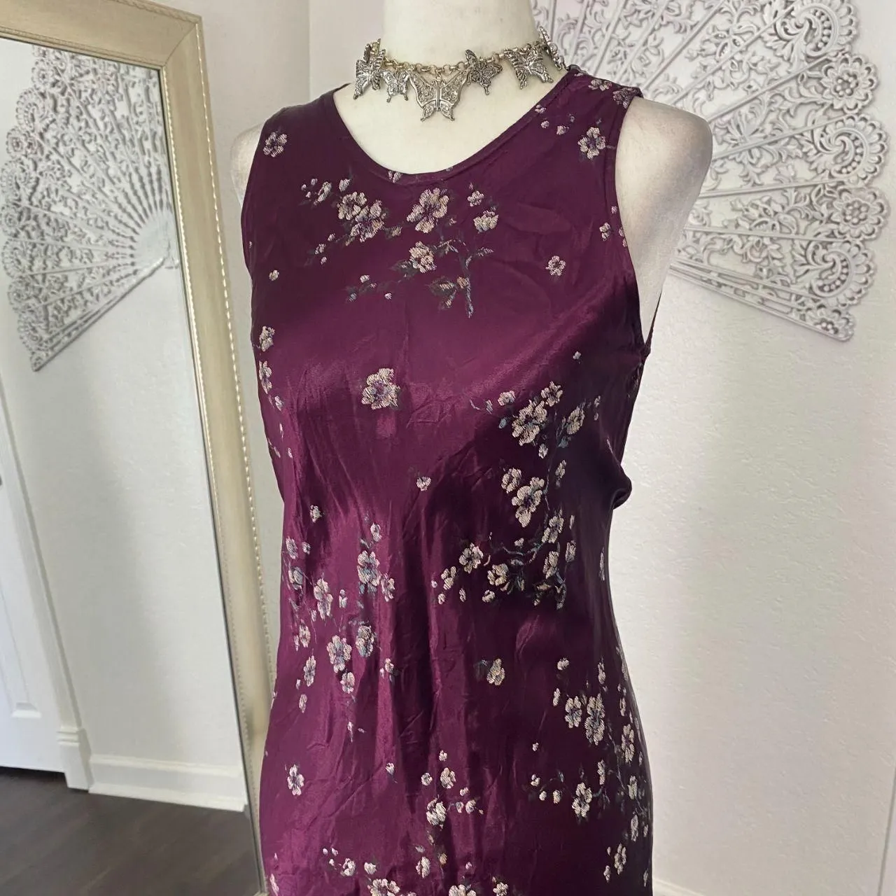 Dark Purple Burgundy Early 2000's Whimsygoth Floral Satin Midi Maxi Dress XS - Image 3