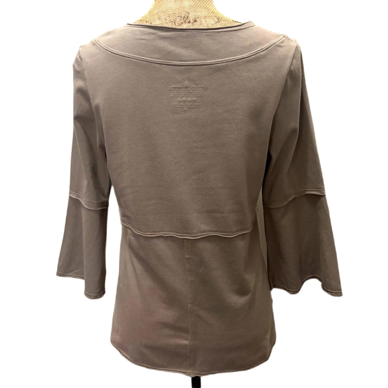 Neon Buddha Button Front Shirt Bell Sleeve Stretch Beige Taupe Lagenlook Size XS Tan - Image 3